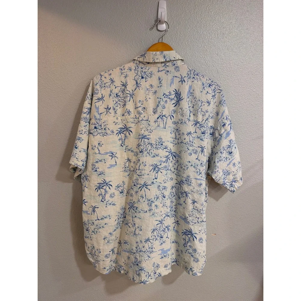 Men's Button Down Linen Blend Shirt  Size 10 Tropical Palm Tree Blue Summer Vaca